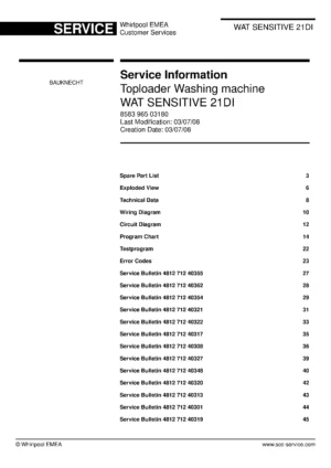 Bauknecht wat sensitive 21di service manual cover washing machine, model type and code, publication date, manual contents.
