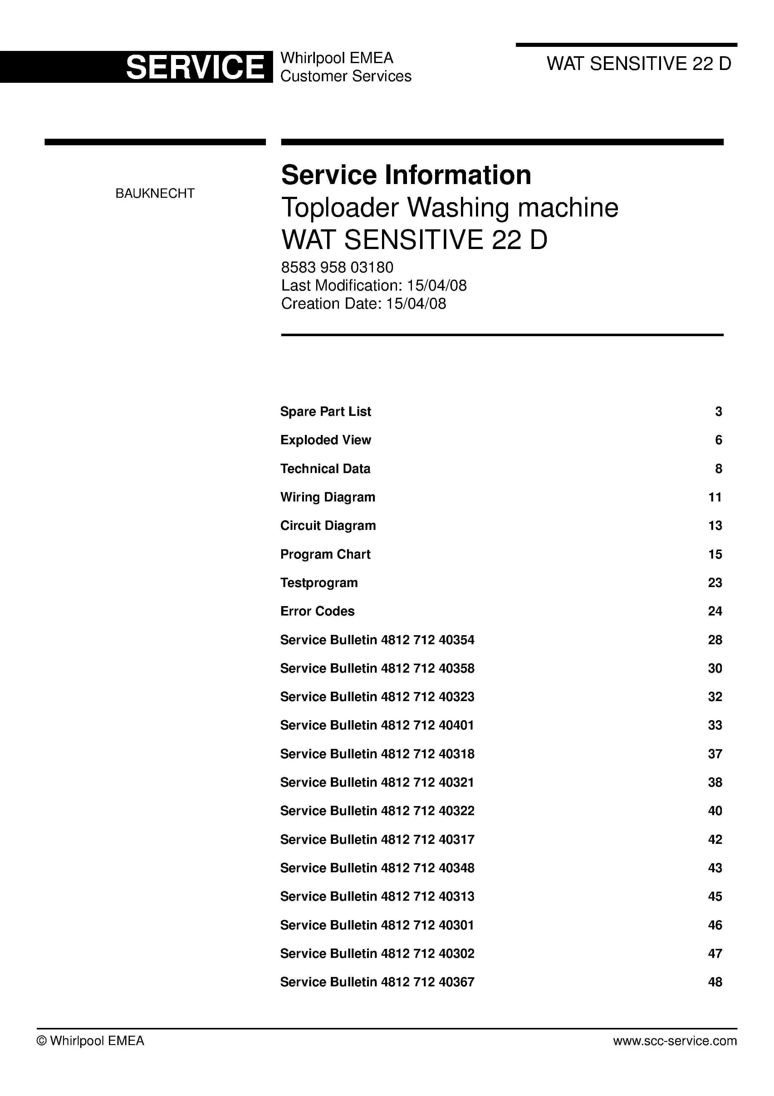 Bauknecht wat sensitive 22 d service manual cover washing machine, model type and code, publication date, manual contents.