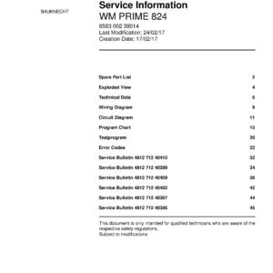 Bauknecht wm prime 824 service manual cover washing machine, model type and code, publication date, manual contents.