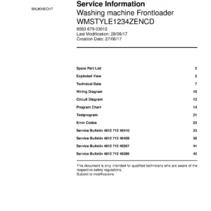 Bauknecht wm style 1234 zen cd service manual cover washing machine, model type and code, publication date, manual contents.