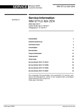 Bauknecht wm style 824 zen deckblatt der serviceanleitung washing machine, model type and code, publication date, manual contents.