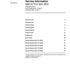 Bauknecht wm style 824 zen service manual cover washing machine, model type and code, publication date, manual contents.
