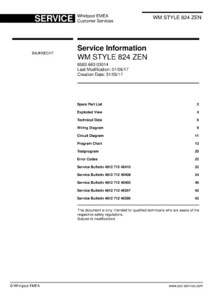 Bauknecht wm style 824 zen service manual cover washing machine, model type and code, publication date, manual contents.