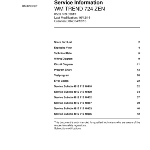 Bauknecht wm trend 724 zen service manual cover washing machine, model type and code, publication date, manual contents.
