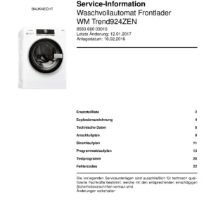 Bauknecht wm trend 924 zen deckblatt der serviceanleitung washing machine, model type and code, publication date, manual contents.