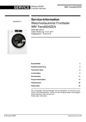 Bauknecht wm trend 924 zen deckblatt der serviceanleitung washing machine, model type and code, publication date, manual contents.
