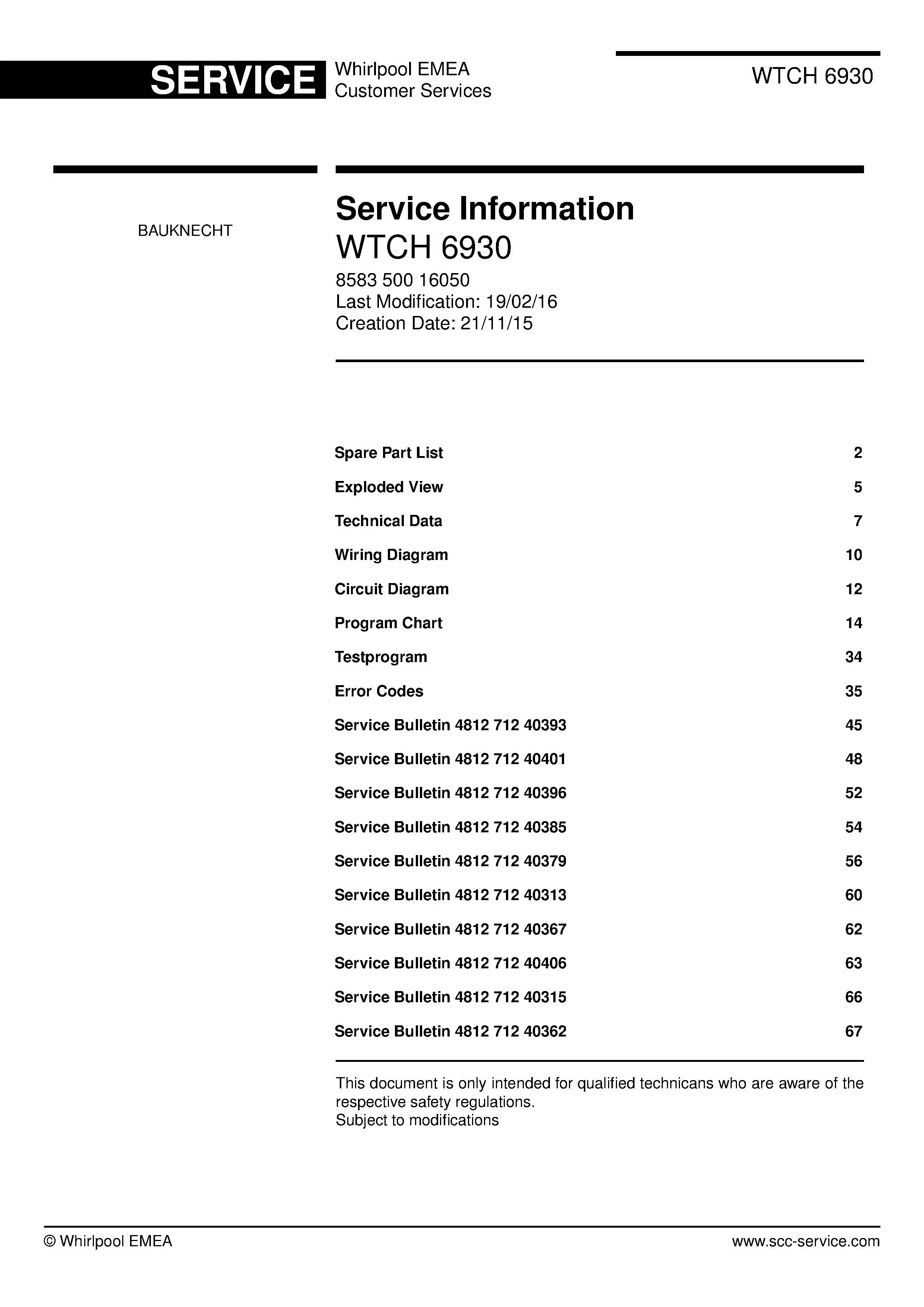Bauknecht wtch 6930 service manual cover washing machine, model type and code, publication date, manual contents.