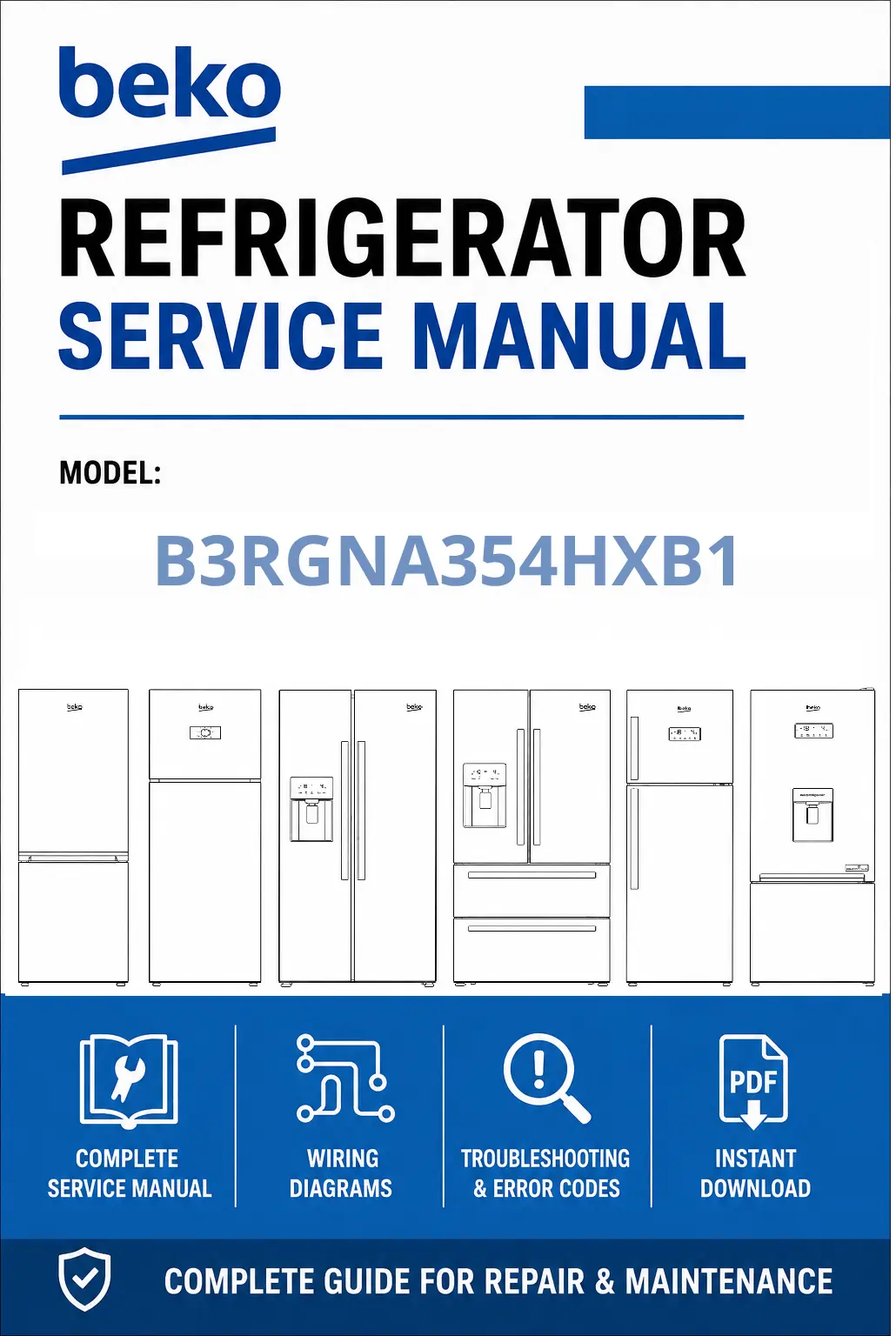 Beko b3rgna354hxb1 service manual cover cover with model code number, line draw refrigerators and manual contents