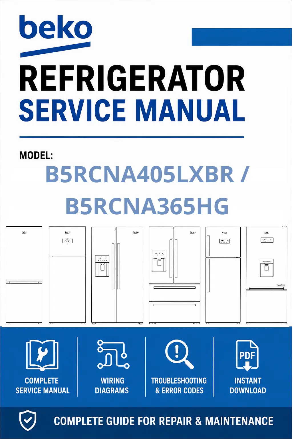Beko b5rcna405lxbr b5rcna365hg service manual cover cover with model code number, line draw refrigerators and manual contents
