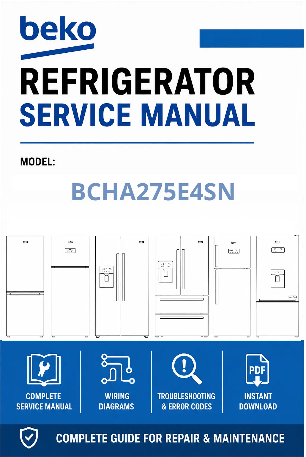 Beko bcha275e4sn service manual cover cover with model code number, line draw refrigerators and manual contents