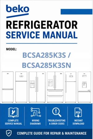Beko bcsa285k3s bcsa285k3sn service manual cover cover with model code number, line draw refrigerators and manual contents