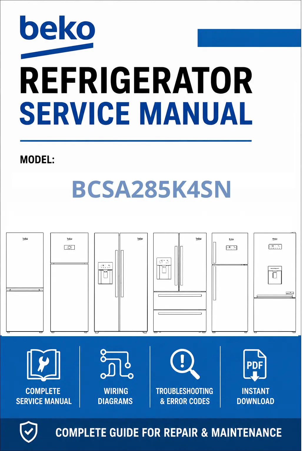 Beko bcsa285k4sn service manual cover cover with model code number, line draw refrigerators and manual contents