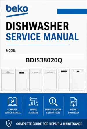 Beko bdis38020q service manual cover.jpg dishwasher service manual with pictures of a selection of Beko dishwashers types, model code, manual contents and text Complete guide for repair and maintenance