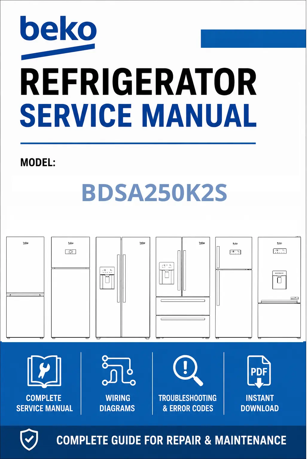 Beko bdsa250k2s service manual cover cover with model code number, line draw refrigerators and manual contents