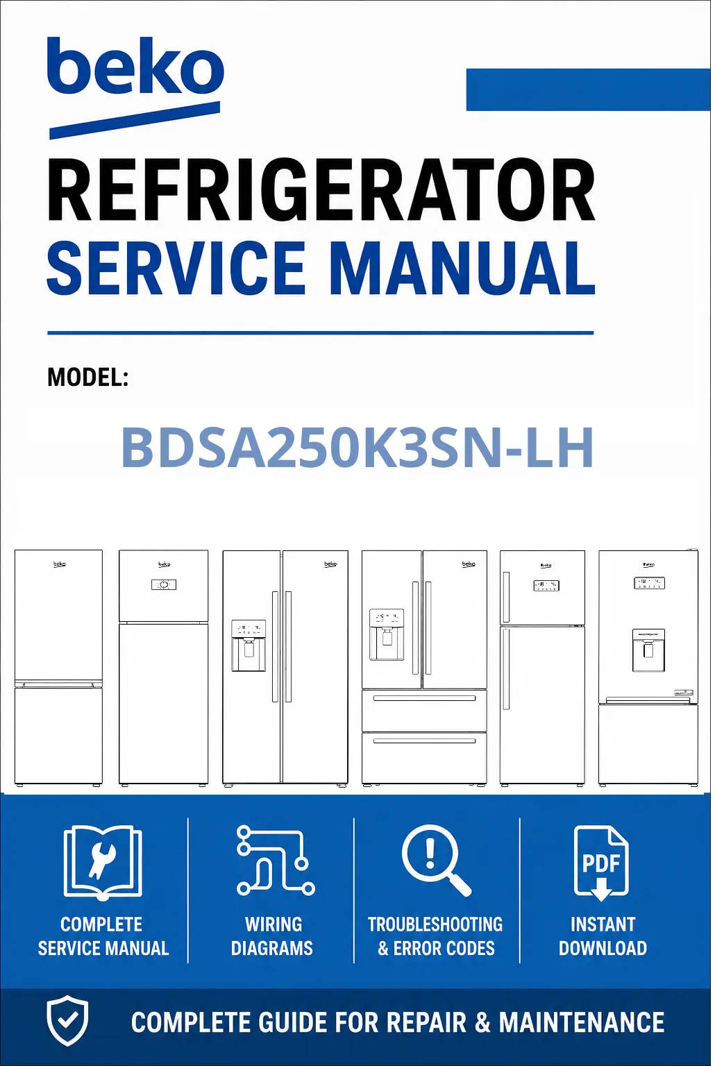Beko bdsa250k3sn lh service manual cover cover with model code number, line draw refrigerators and manual contents