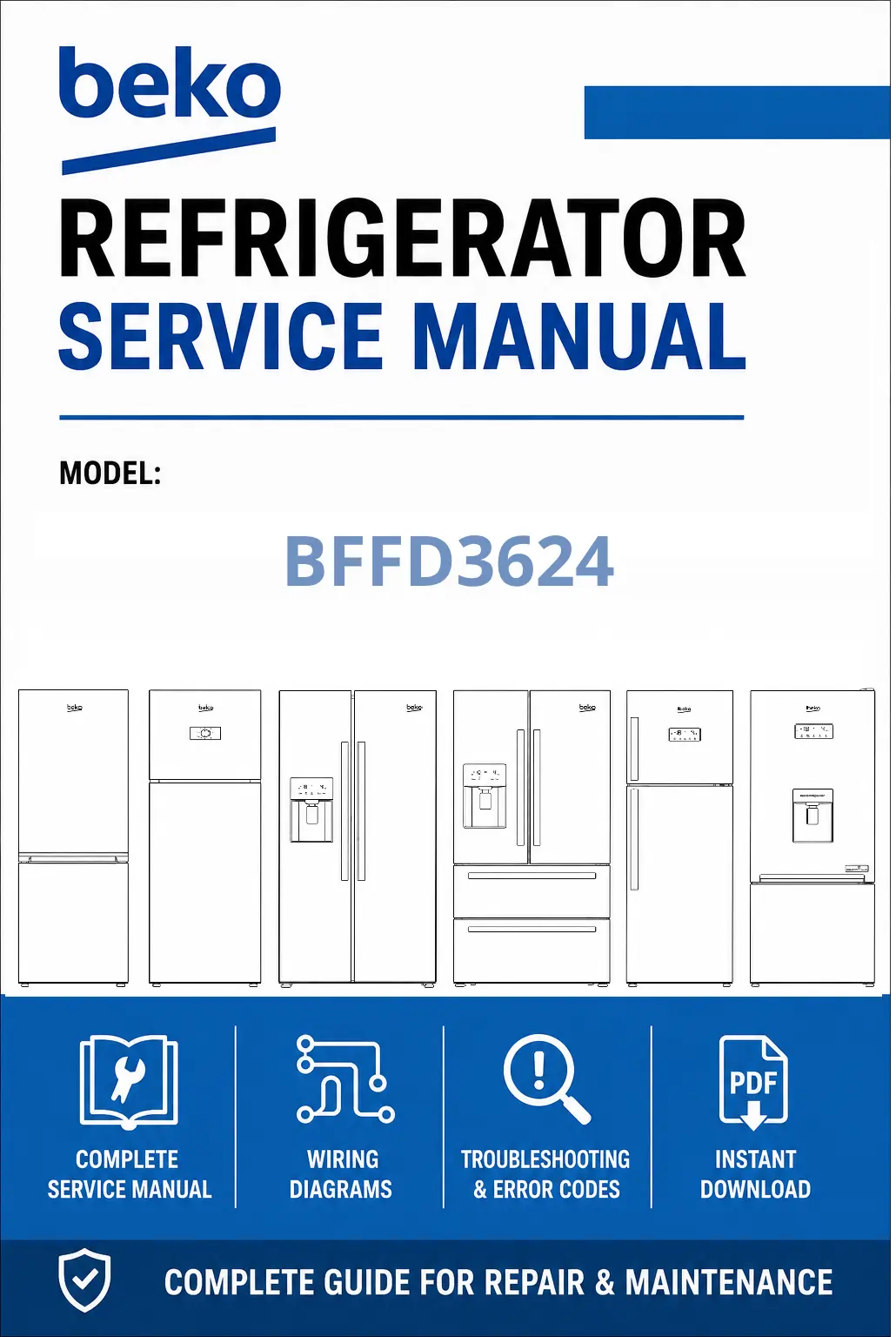 Beko bffd3624 service manual cover cover with model code number, line draw refrigerators and manual contents