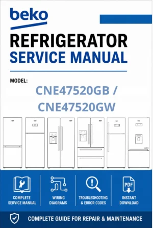 Beko cne47520gb cne47520gw service manual cover cover with model code number, line draw refrigerators and manual contents
