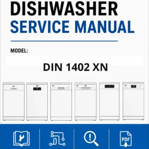 Beko din 1402 xn service manual cover.jpg dishwasher service manual with pictures of a selection of Beko dishwashers types, model code, manual contents and text Complete guide for repair and maintenance