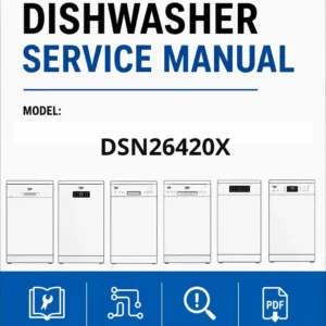 Beko dsn26420x service manual cover.jpg dishwasher service manual with pictures of a selection of Beko dishwashers types, model code, manual contents and text Complete guide for repair and maintenance