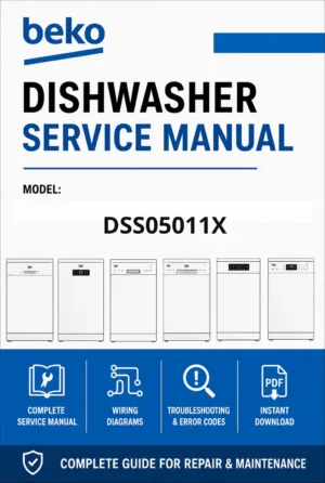 Beko dss05011x service manual cover.jpg dishwasher service manual with pictures of a selection of Beko dishwashers types, model code, manual contents and text Complete guide for repair and maintenance
