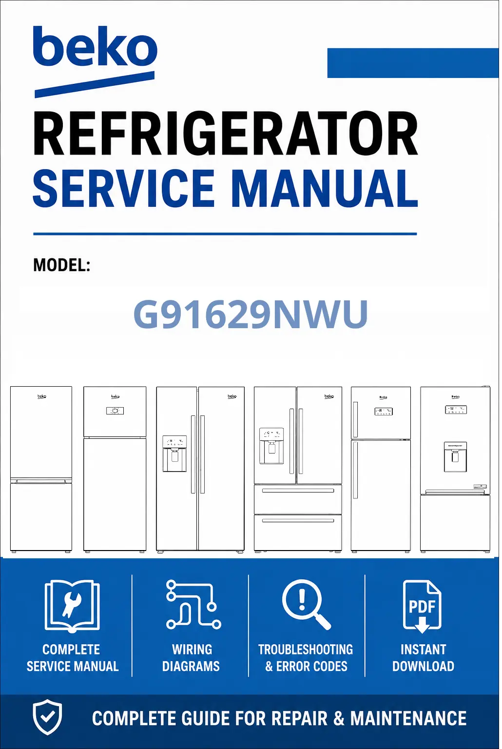 Beko g91629nwu service manual cover cover with model code number, line draw refrigerators and manual contents