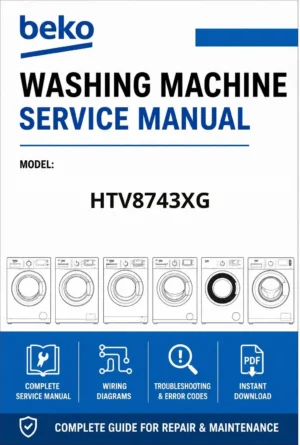 Beko htv8743xg service manual cover with a picture of the device, model type and code, manual contents and manual issue date