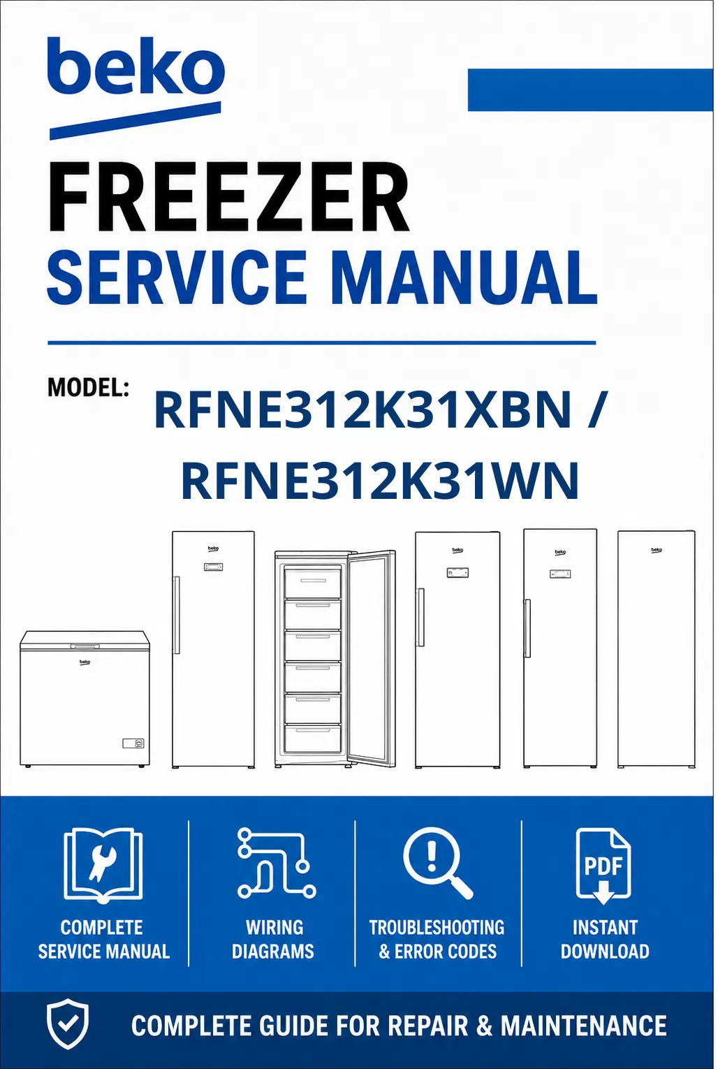 Beko rfne312k31xbn rfne312k31wn service manual cover cover with model code number, line draw refrigerators and manual contents