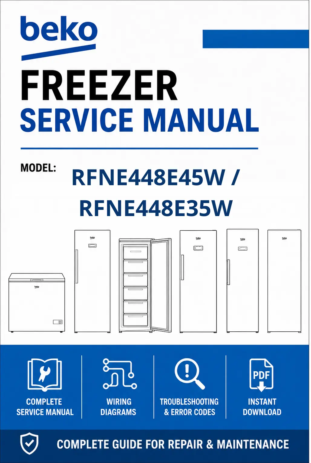 Beko rfne448e45w rfne448e35w service manual cover cover with model code number, line draw refrigerators and manual contents