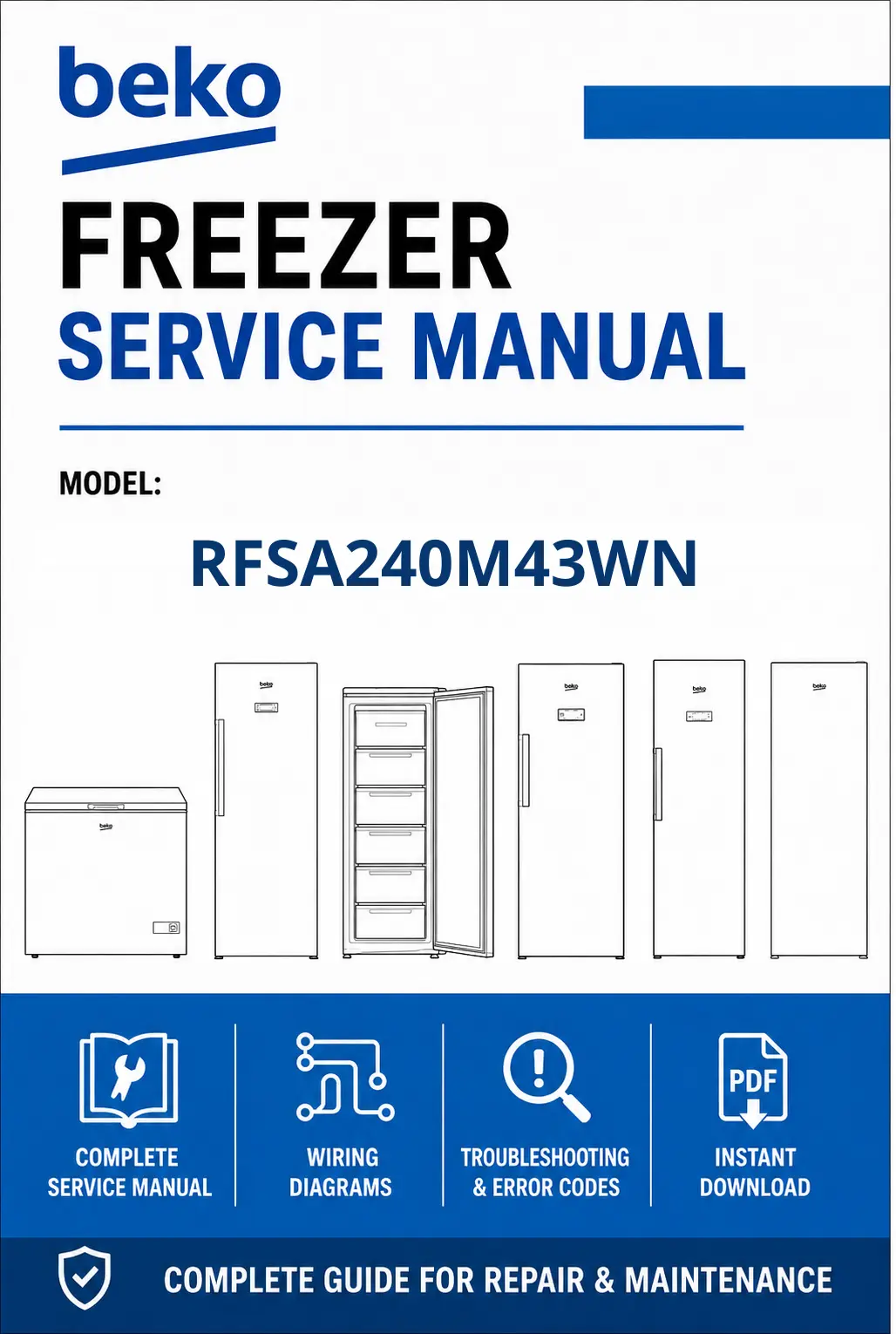 Beko rfsa240m43wn service manual cover Beko logo, model code, manual contents and line draw examples of freezer types