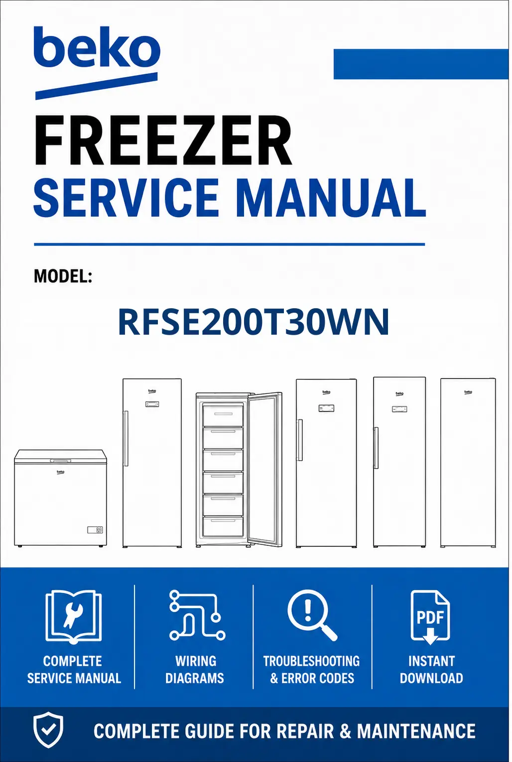 Beko rfse200t30wn service manual cover Beko logo, model code, manual contents and line draw examples of freezer types