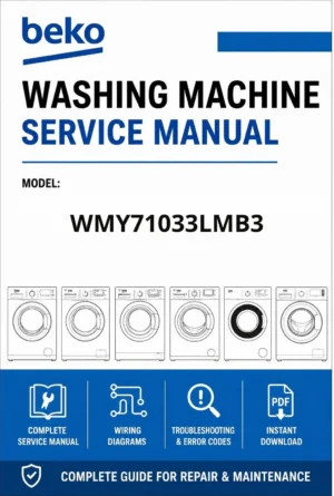 Beko wmy71033lmb3 service manual cover with a picture of the device, model type and code, manual contents and manual issue date