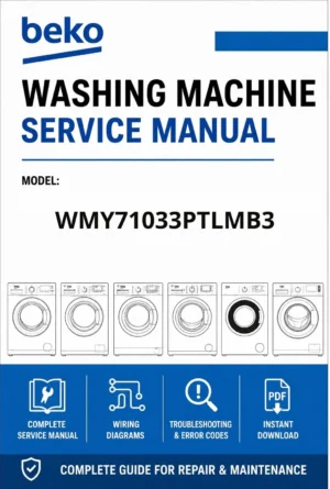 Beko wmy71033ptlmb3 service manual cover with a picture of the device, model type and code, manual contents and manual issue date