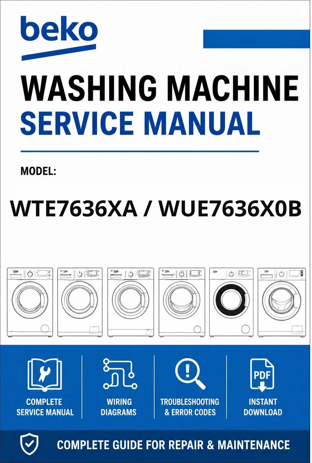Beko wte7636xa wue7636x0b service manual cover Beko logo, model code, manual contents and line draw examples of freezer types