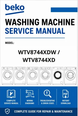 Beko wtv8744xdw wtv8744xd service manual cover with a picture of the device, model type and code, manual contents and manual issue date
