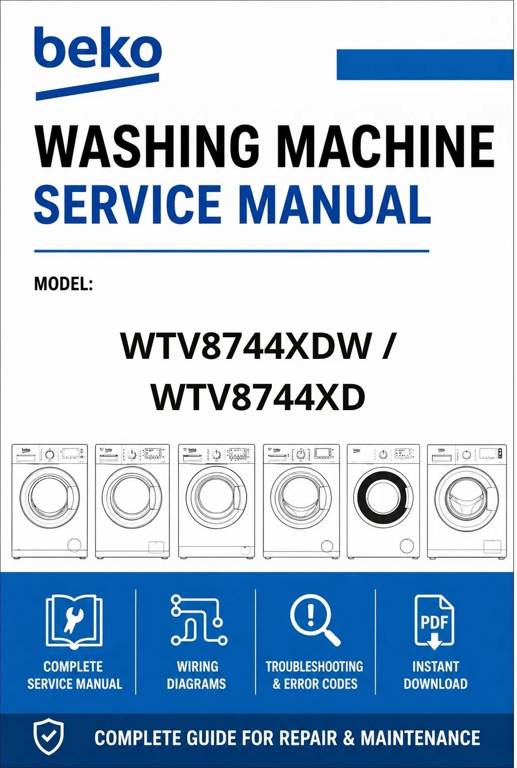 Beko wtv8744xdw wtv8744xd service manual cover Beko logo, model code, manual contents and line draw examples of freezer types