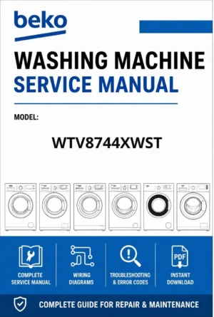 Beko wtv8744xwst service manual cover with a picture of the device, model type and code, manual contents and manual issue date