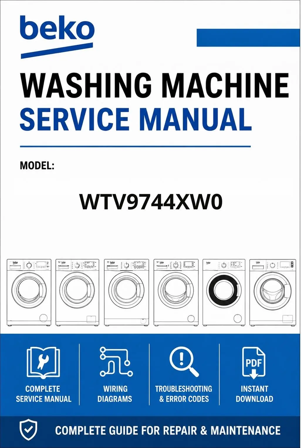 Beko wtv9744xw0 service manual cover Beko logo, model code, manual contents and line draw examples of freezer types