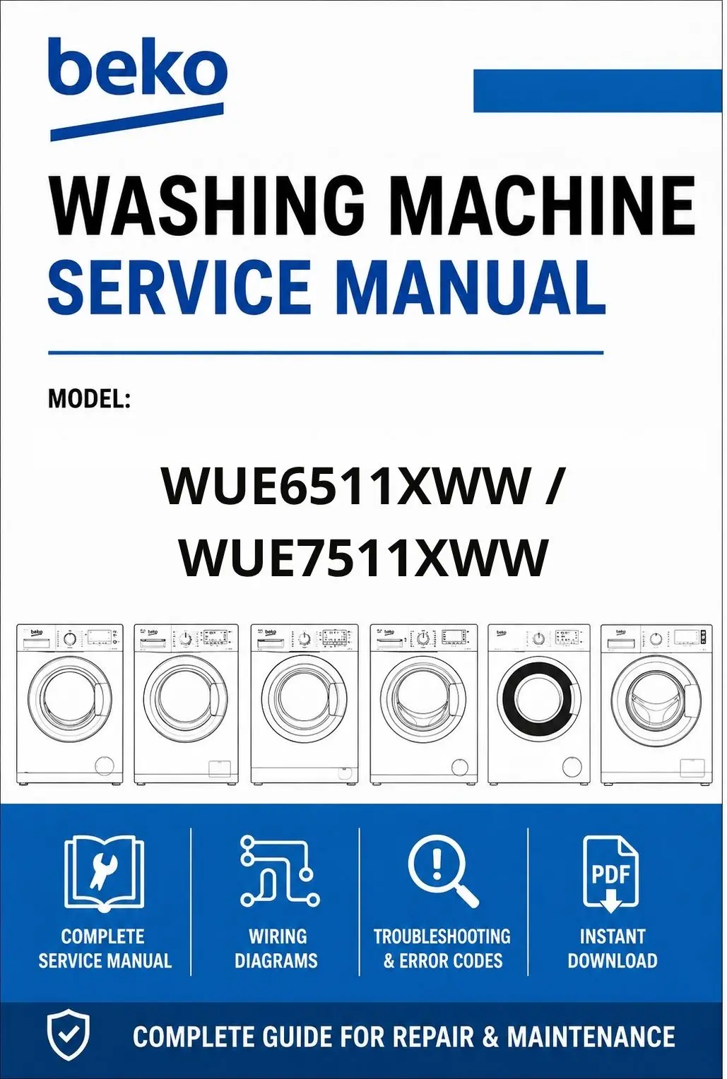 Beko wue6511xww wue7511xww service manual cover Beko logo, model code, manual contents and line draw examples of freezer types