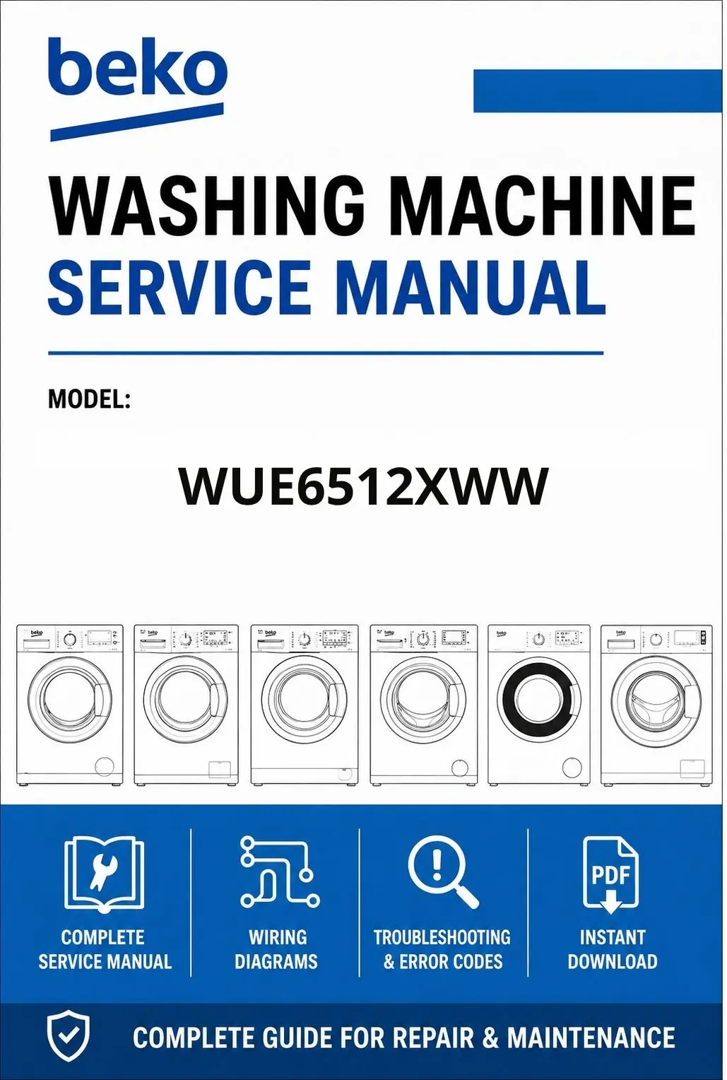 Beko wue6512xww service manual cover Beko logo, model code, manual contents and line draw examples of freezer types