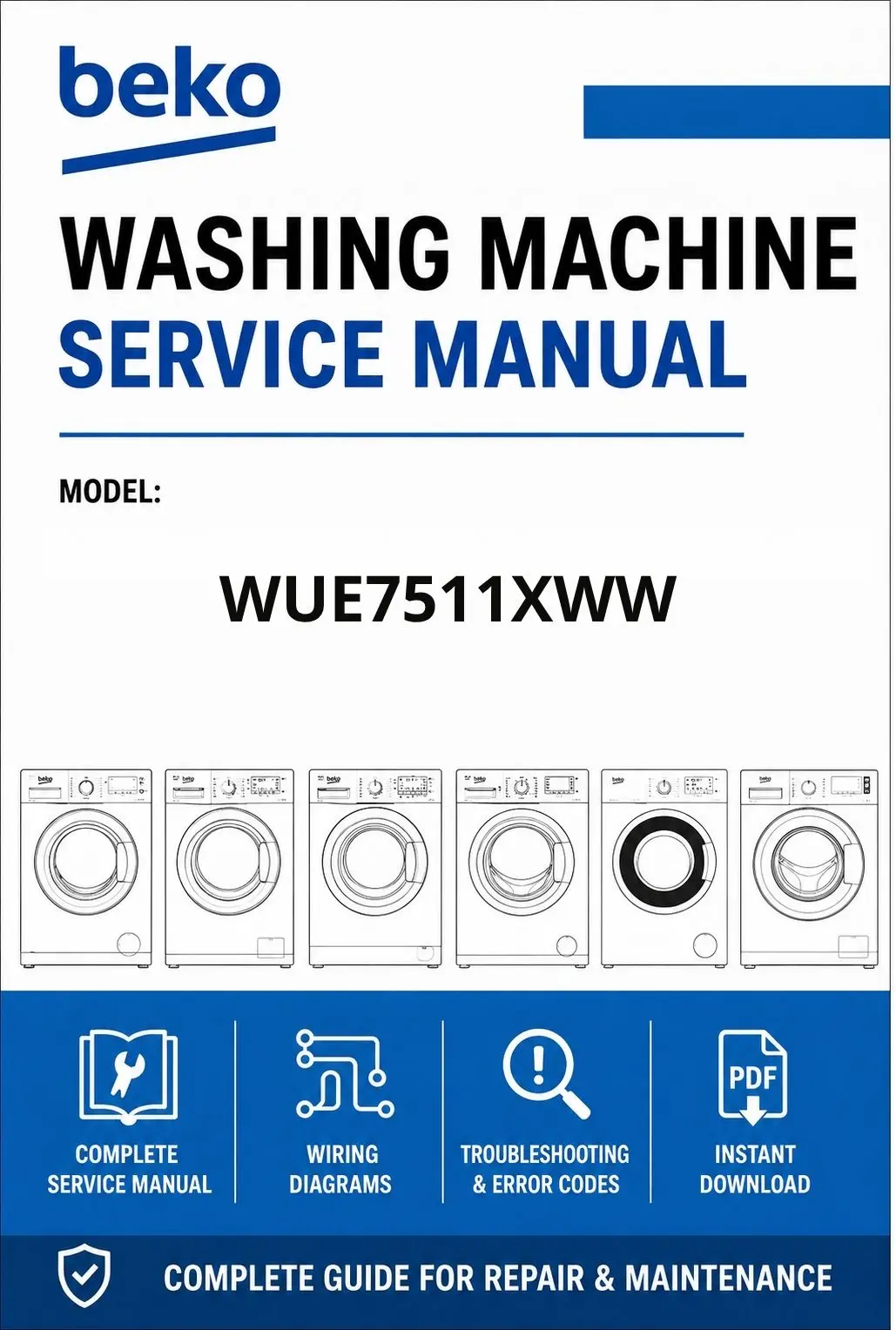 Beko wue7511xww service manual cover Beko logo, model code, manual contents and line draw examples of freezer types