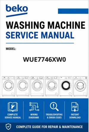 Beko wue7746xw0 service manual cover with a picture of the device, model type and code, manual contents and manual issue date
