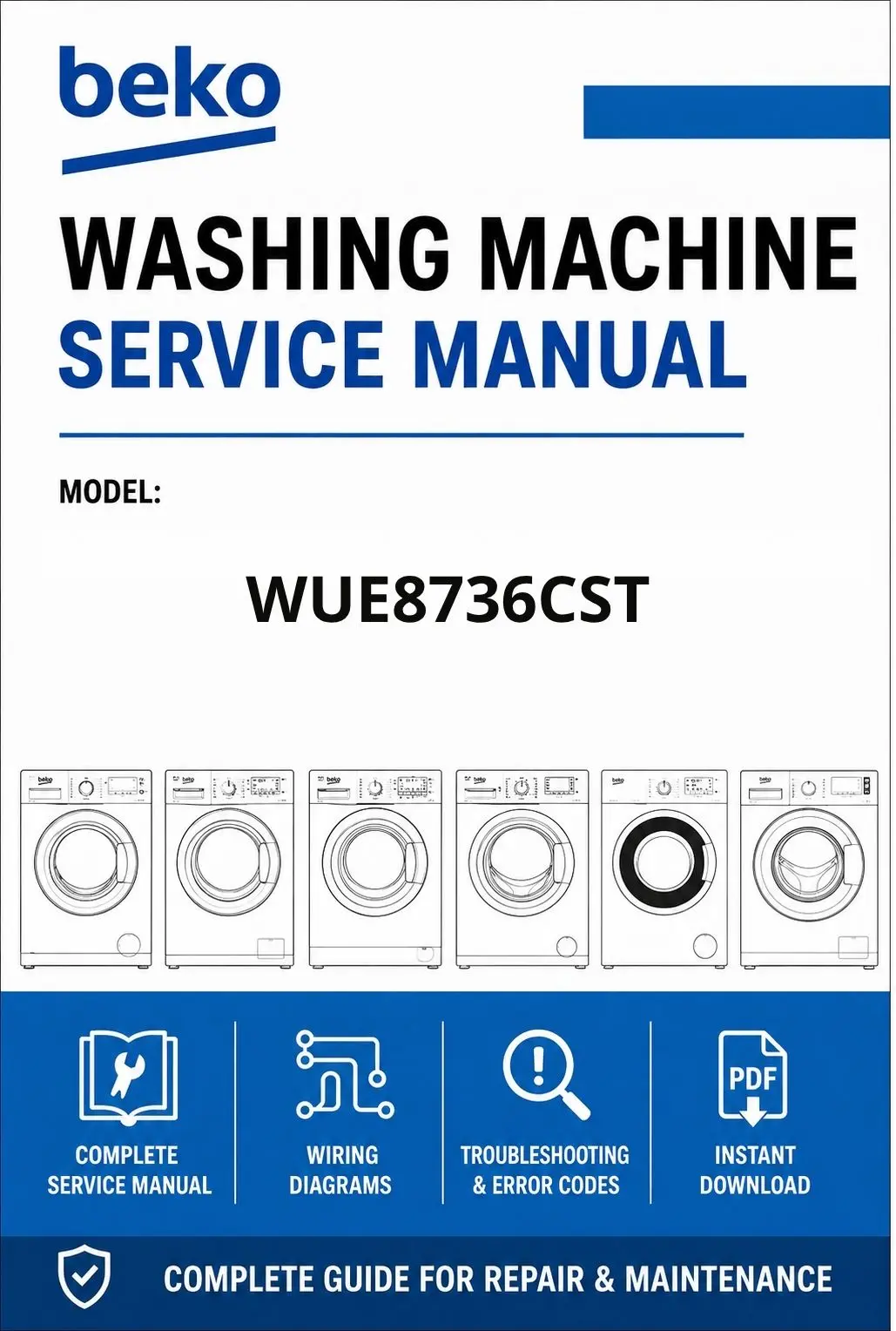 Beko wue8736cst service manual cover Beko logo, model code, manual contents and line draw examples of freezer types