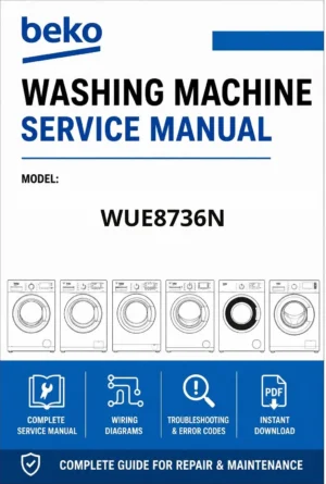 Beko wue8736n service manual cover with a picture of the device, model type and code, manual contents and manual issue date