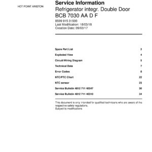 Hotpoint bcb 7030 aa d f service manual cover with model code number, manual contents and publication date