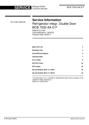 Hotpoint bcb 7030 aa d f service manual cover with model code number, manual contents and publication date