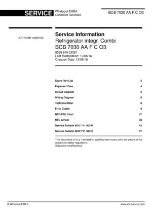 Hotpoint bcb 7030 aa f c o3 service manual cover with model code number, manual contents and publication date