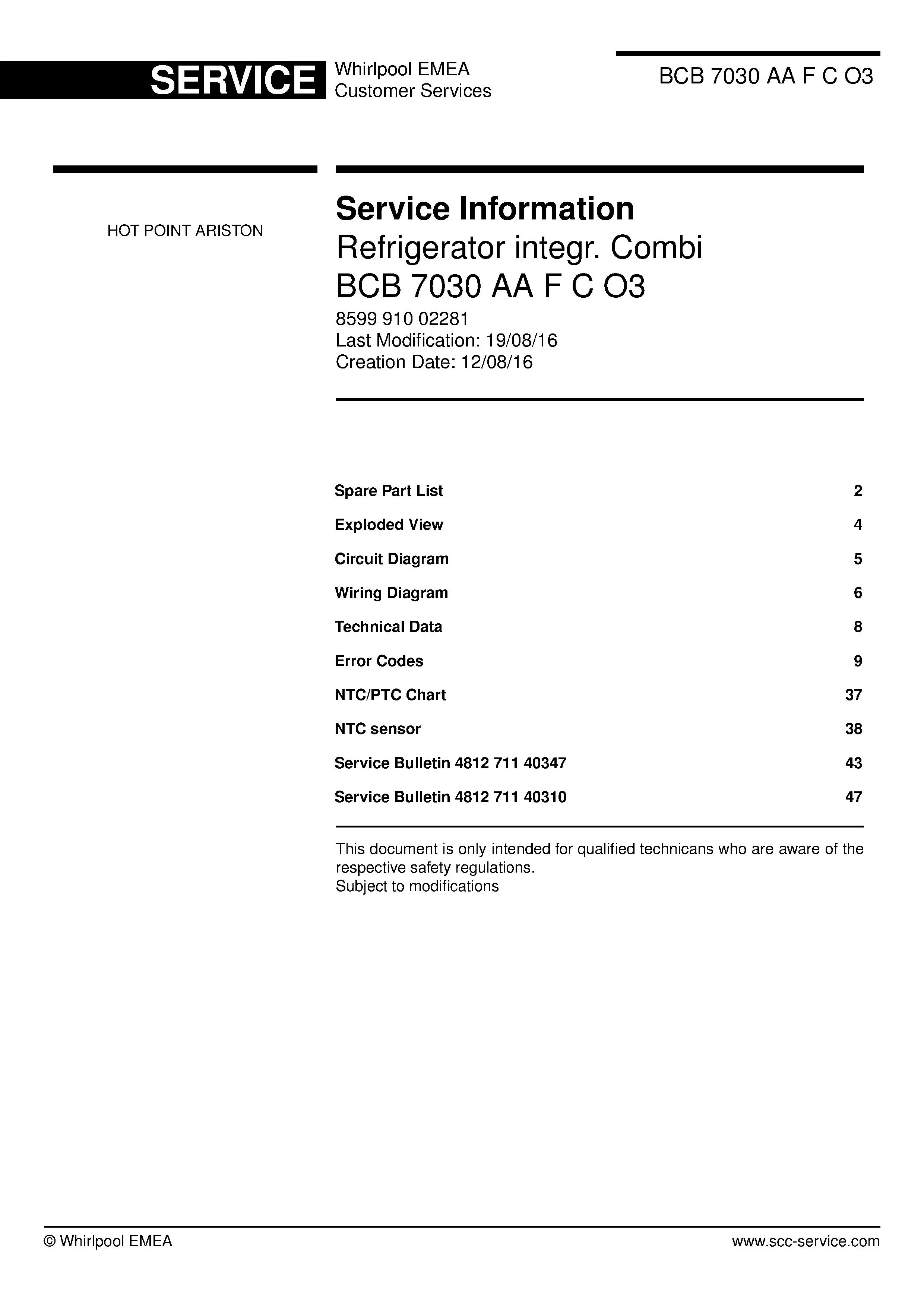 Hotpoint bcb 7030 aa f c o3 service manual cover with model code number, manual contents and publication date
