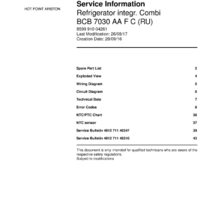 Hotpoint bcb 7030 aa f c (ru) service manual cover with model code number, manual contents and publication date