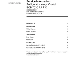 Hotpoint bcb 7030 aa f c service manual cover with model code number, manual contents and publication date