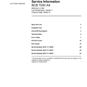Hotpoint bcb 7030 aa service manual cover with model code number, manual contents and publication date